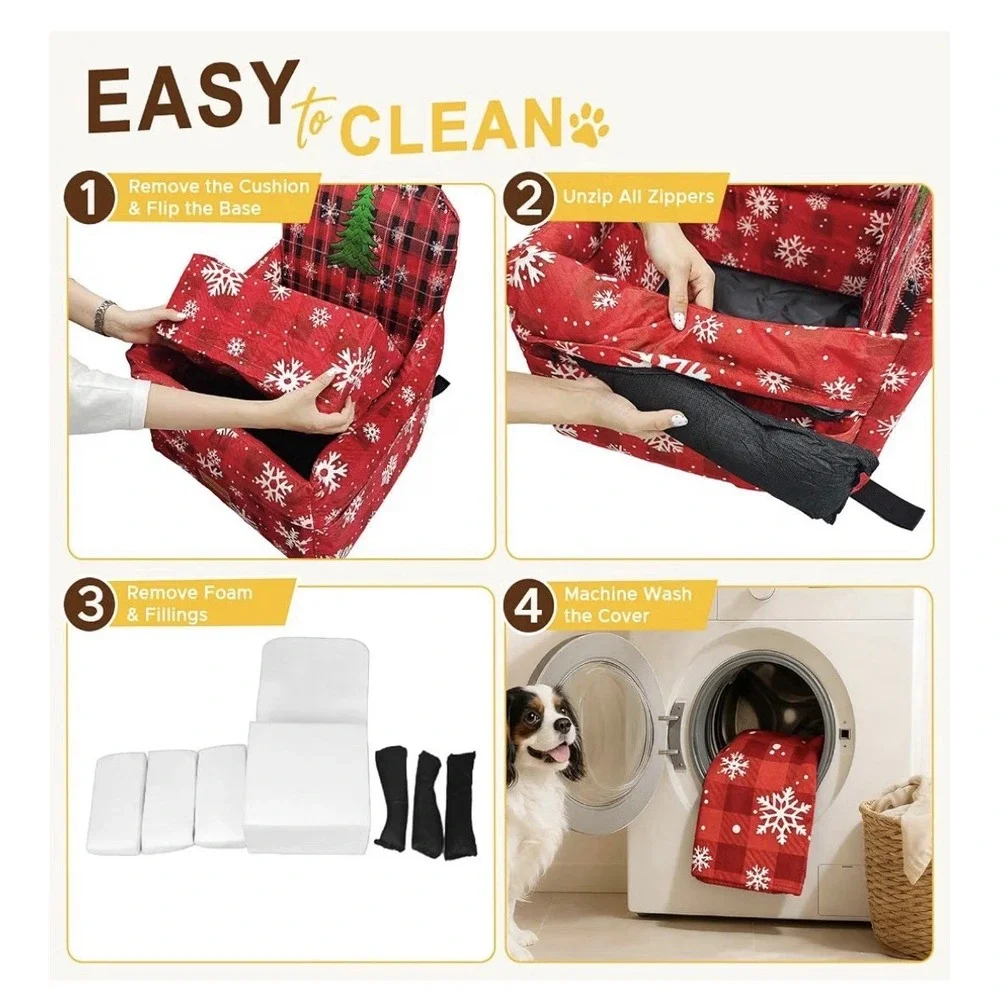 CABZOON Dog Booster Car Seat, Small, Up to 35 lbs, Red Plaid Snowflake[CLT]